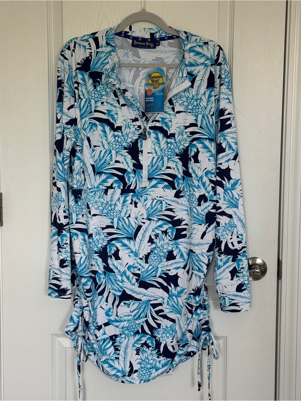 Banana Boat Long Sleeve Tropical Print Dress - White & Blue